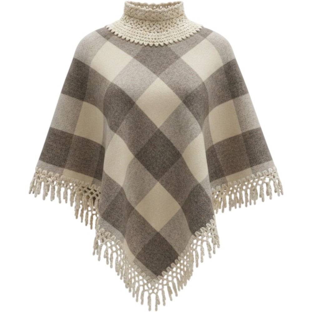Vintage Buffalo Plaid Poncho Beige Brown‎ Crochet Turtleneck Fringe Cape shawl